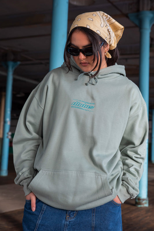 Unisex Hoodie in Dusty Green with Futuristic Logo Embroidery