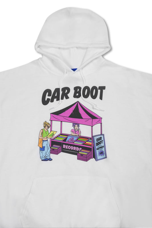 Hoodie in White with Car Boot Market Stall Print