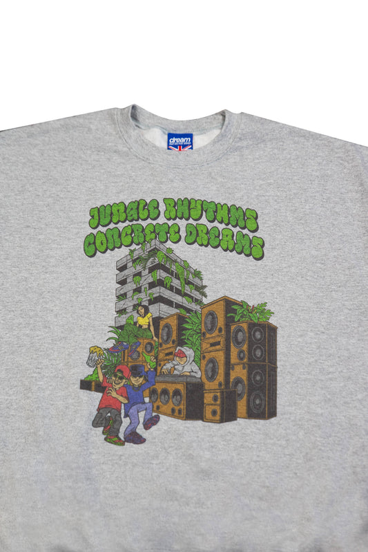 Sweatshirt in Heather Grey with Jungle Rhythms Concrete Dreams Print
