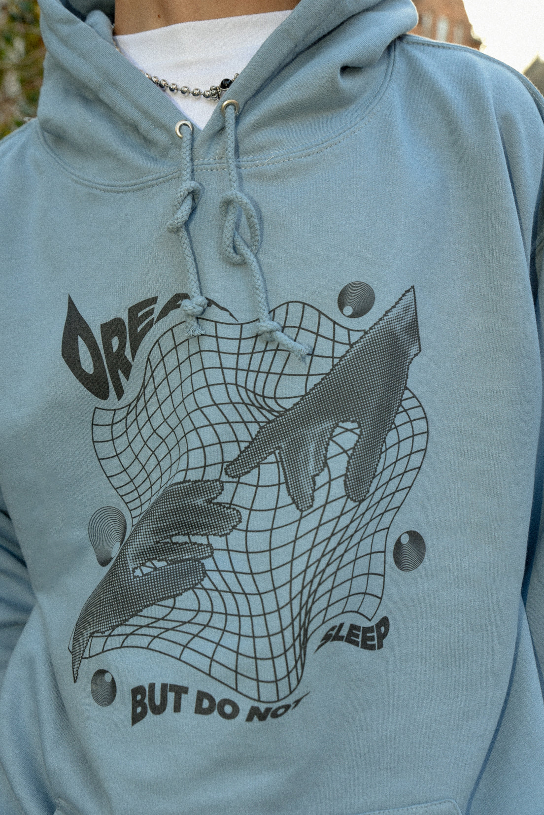 Hoodie in Dusty Blue with Sci Fi Rave Hands Print