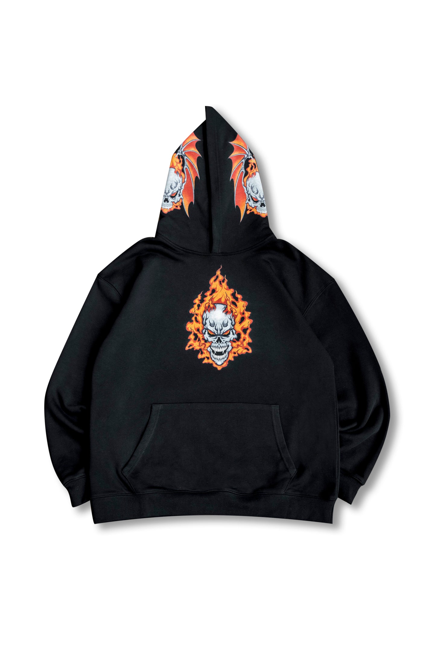 440gsm Heavyweight Black Hoodie with Fire Skull Print