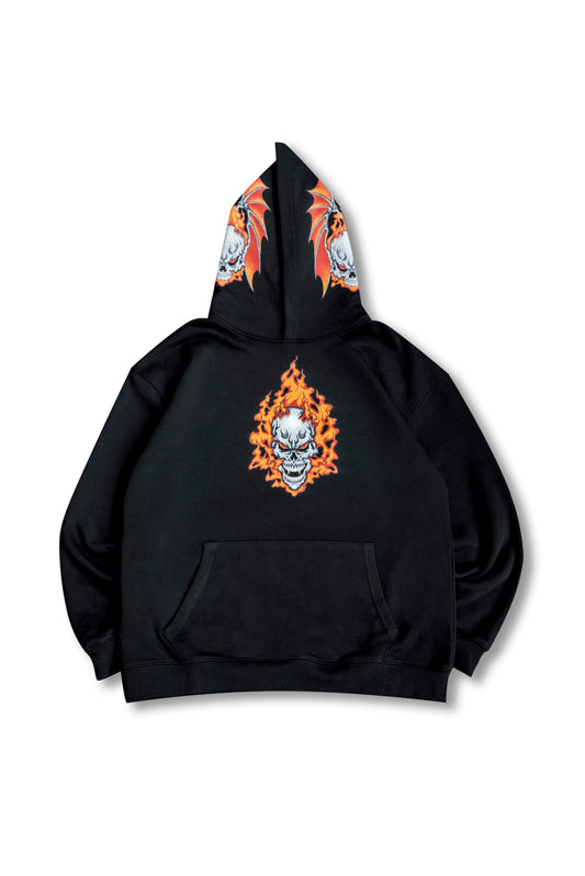 440gsm Heavyweight Black Hoodie with Fire Skull Print