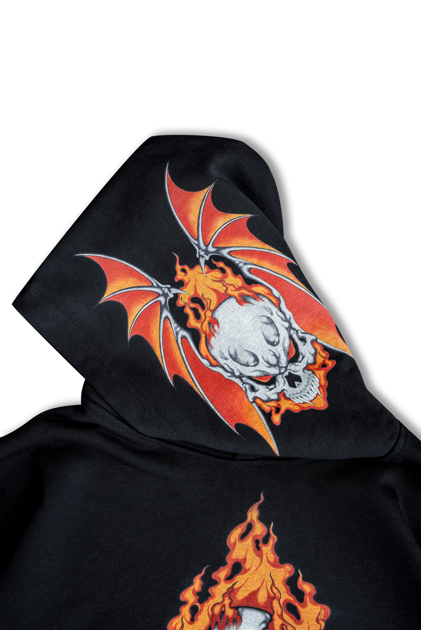 440gsm Heavyweight Black Hoodie with Fire Skull Print