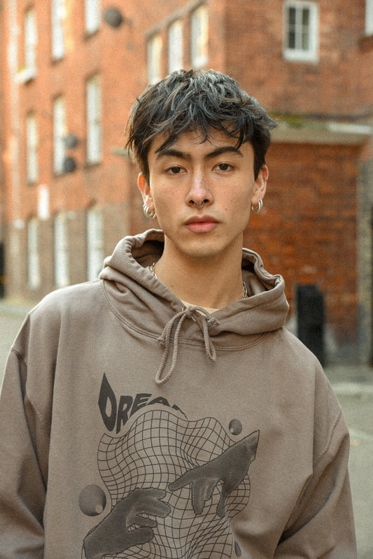 Hoodie in Mocha with Sci Fi Rave Hands Print