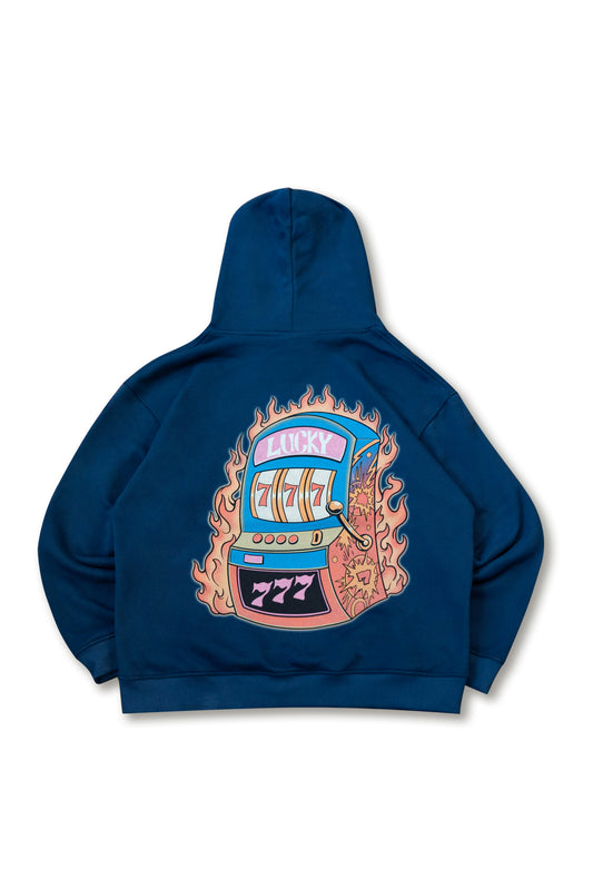 440gsm Navy Hoodie with Lucky 7s Casino Slots Print