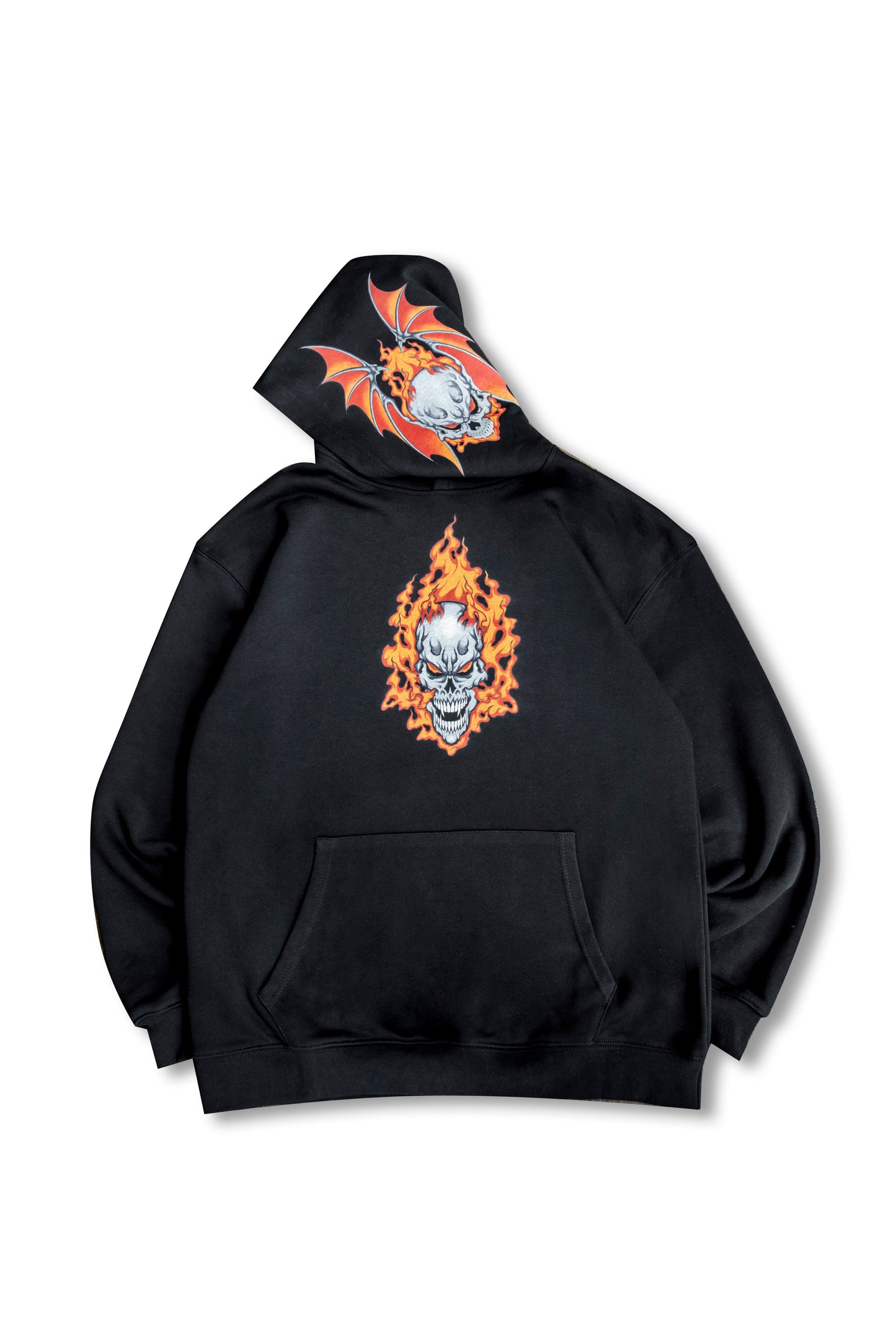 440gsm Heavyweight Black Hoodie with Fire Skull Print