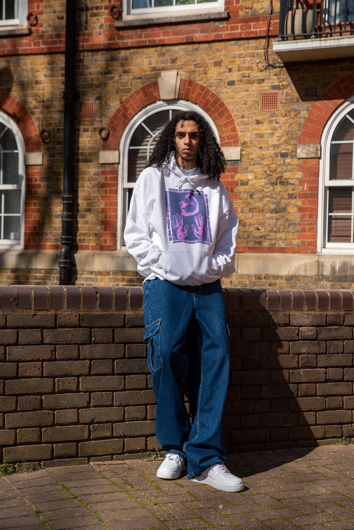 Hoodie in White With In The Realm of Imagination Print Colour