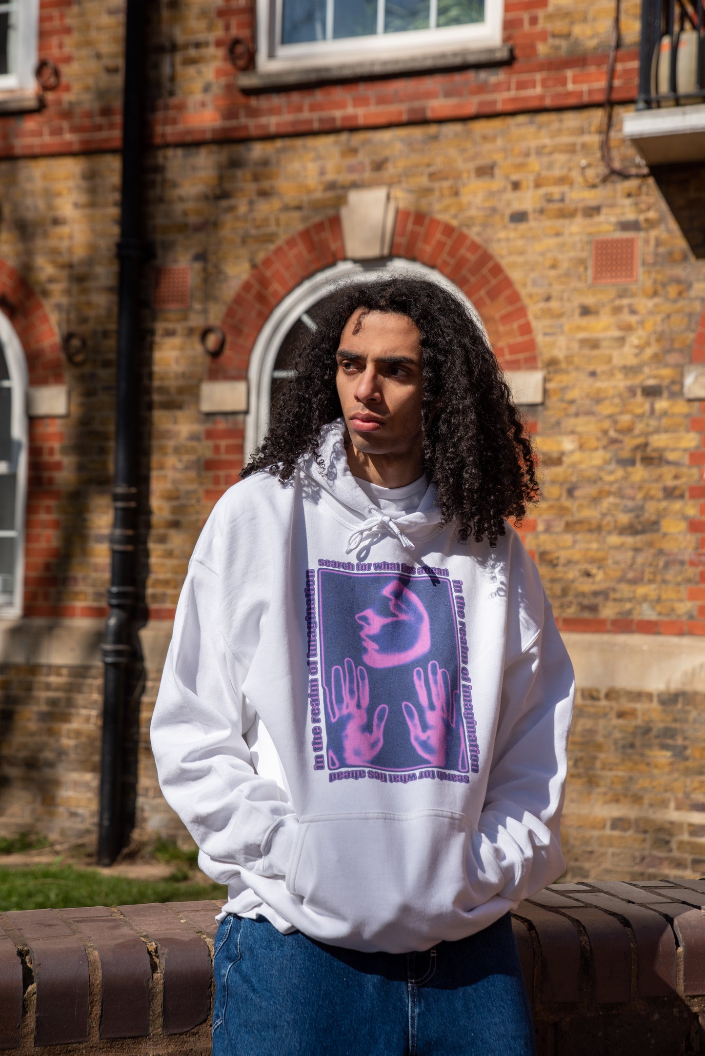 Hoodie in White With In The Realm of Imagination Print Colour