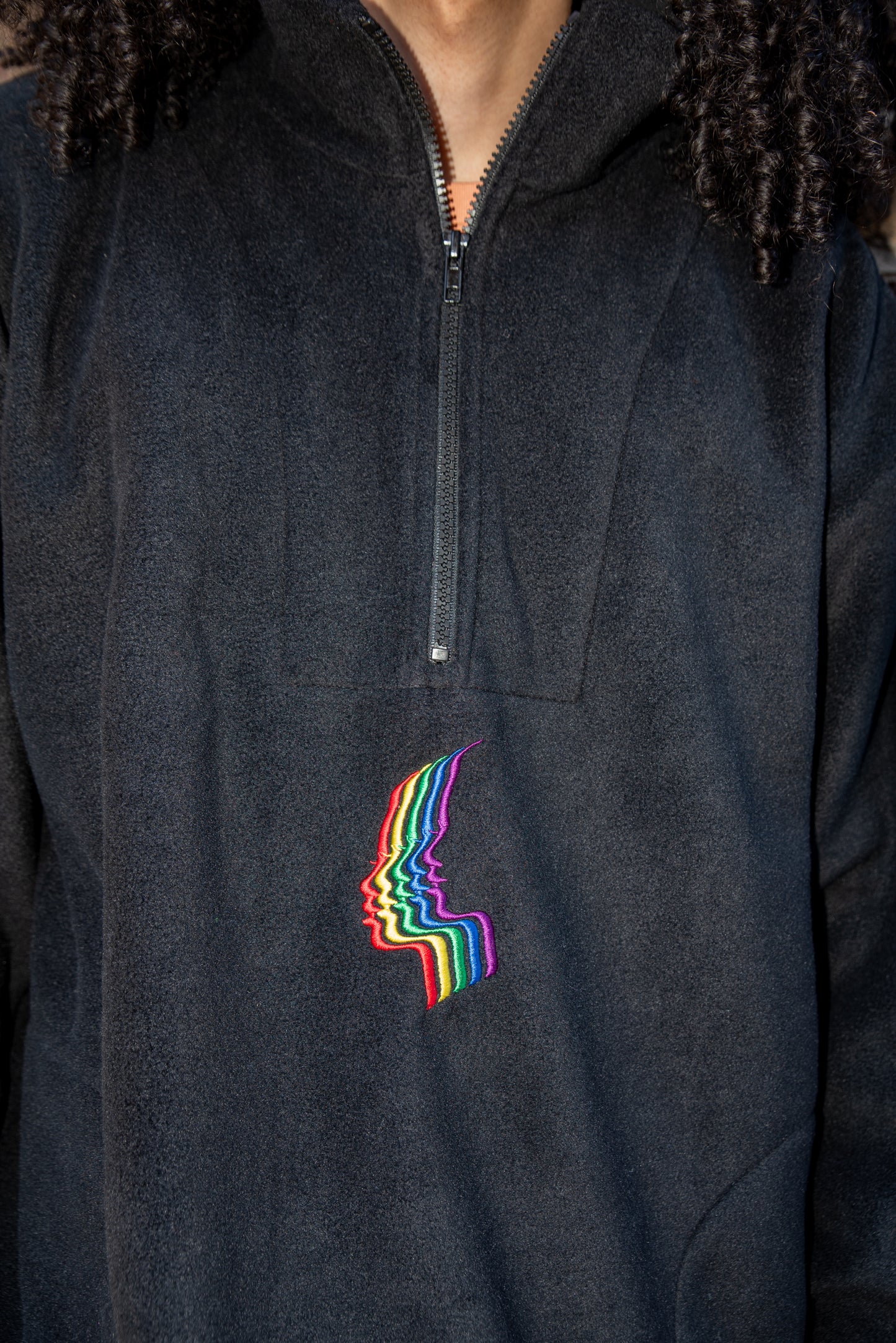 1/4 Zip Black Fleece with Rainbow Futuristic Embroidery