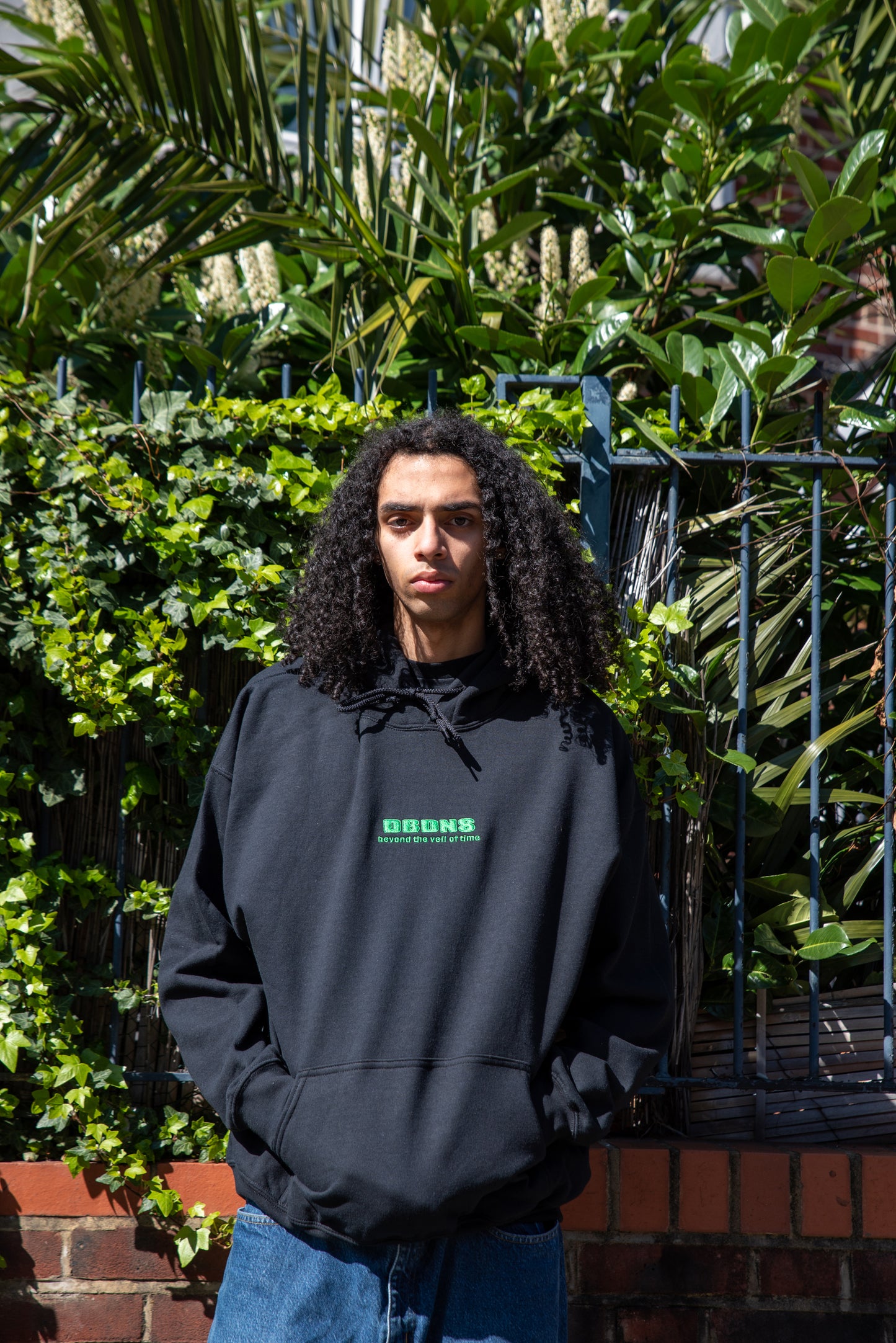 Hoodie in Black with Green Futuristic Logo Embroidery