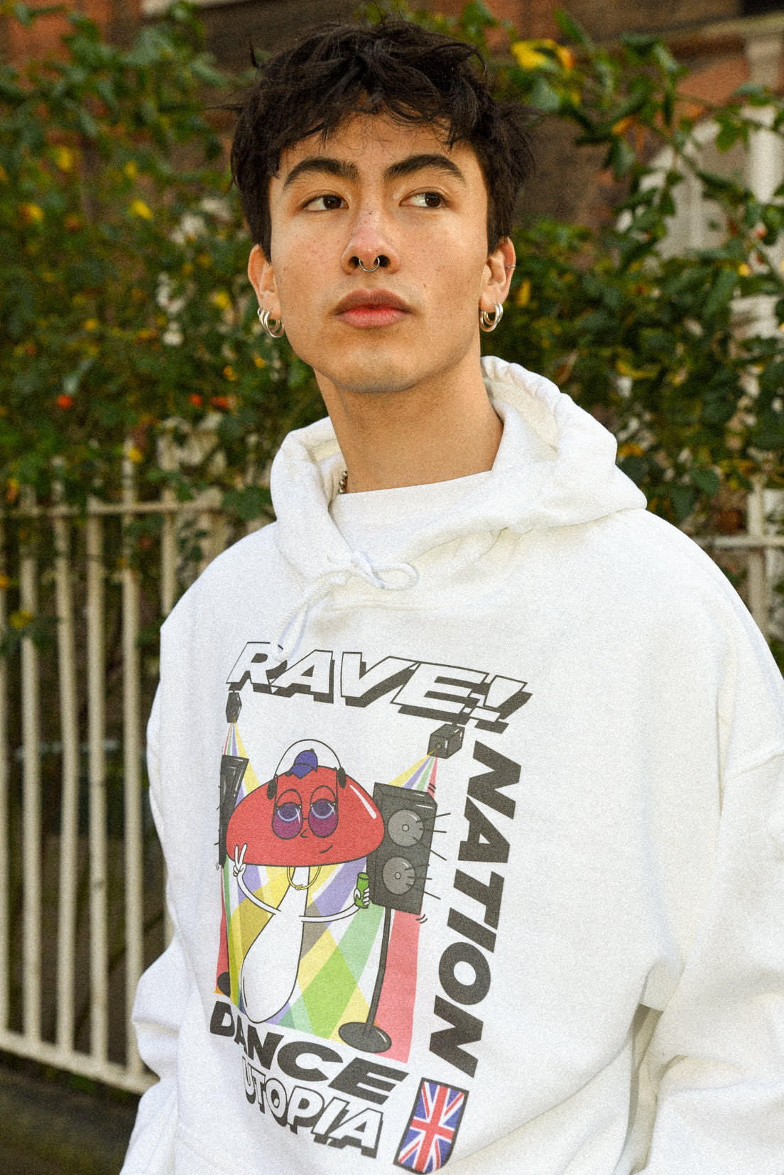 Hoodie in White with Mushroom Rave Nation Print