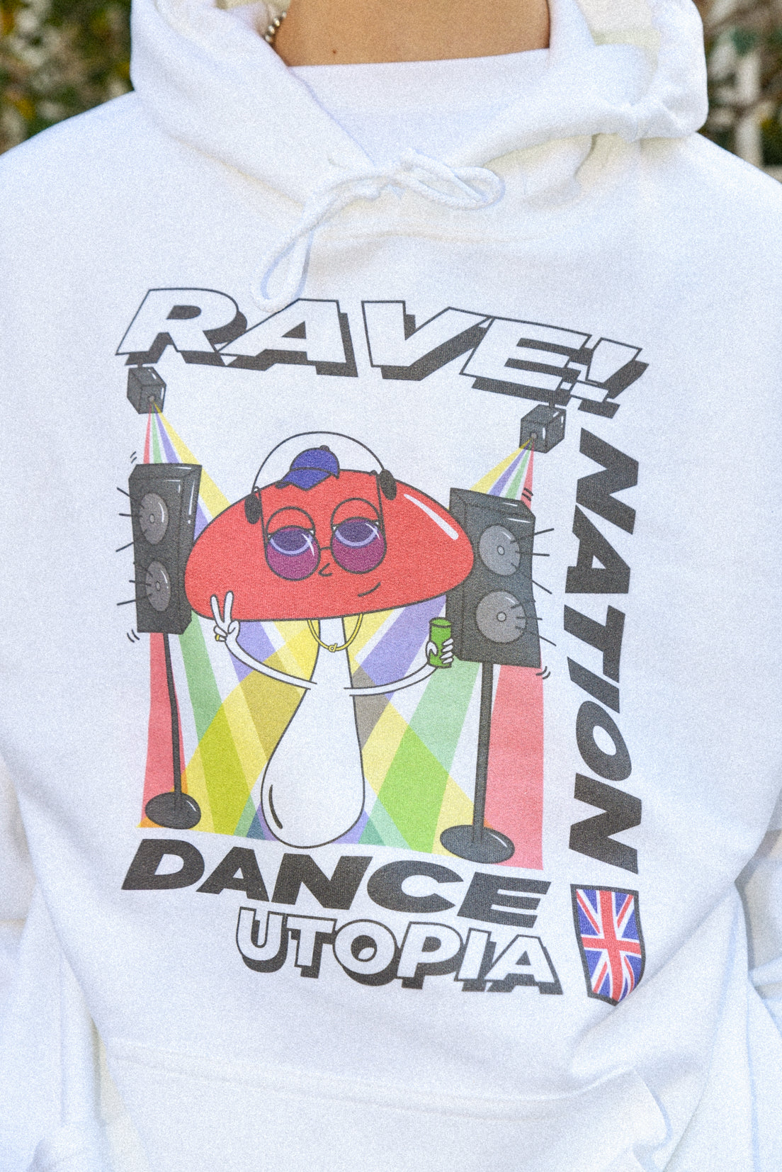 Hoodie in White with Mushroom Rave Nation Print | Dreambutdonotsleep