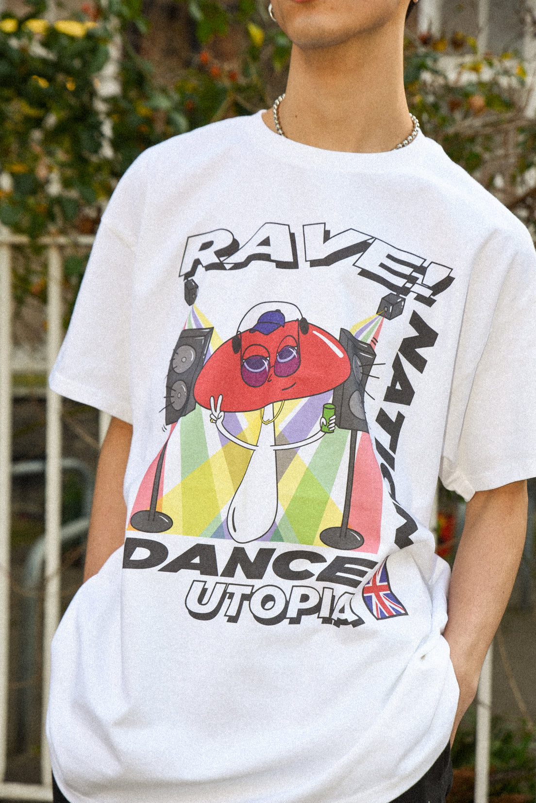 Short Sleeved T-shirt in White with Mushroom Rave Nation Print