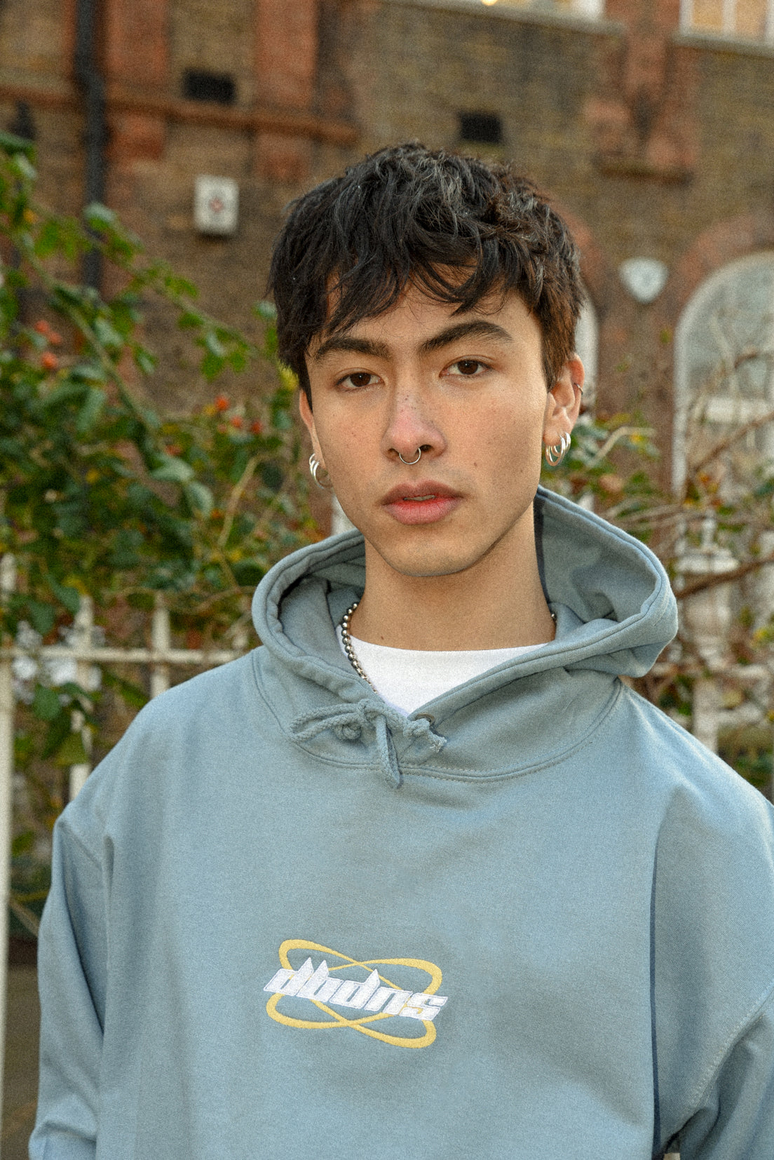 Hoodie in Dusty Blue with Futuristic Logo Embroidery