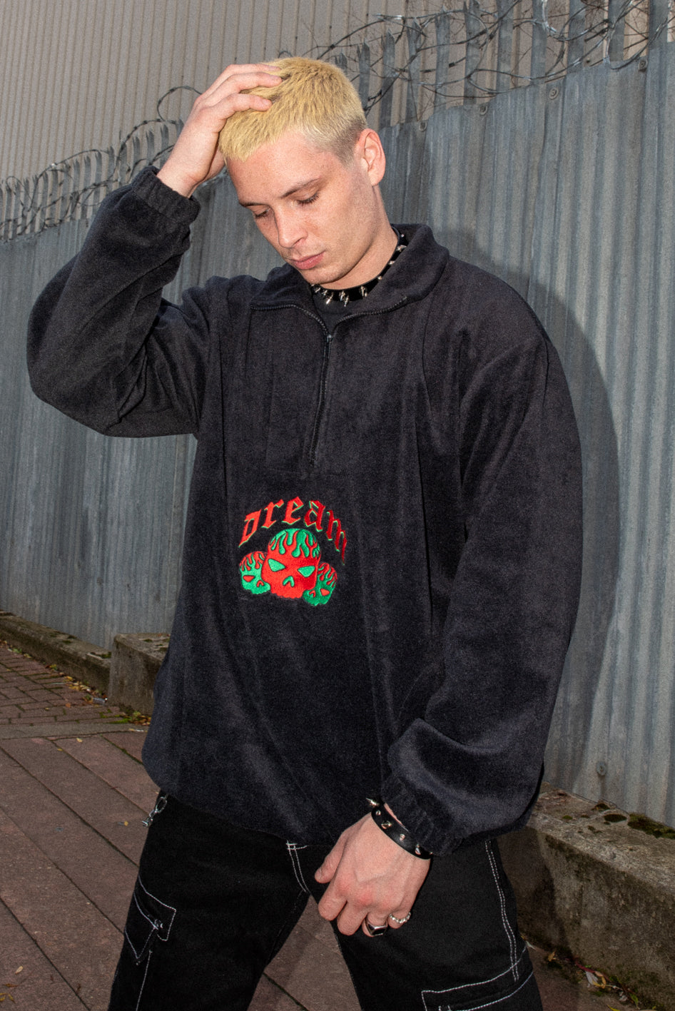 Fleece in Black with Flaming Skull Embroidery