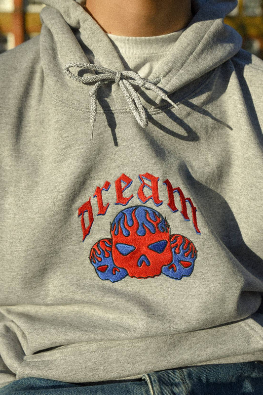 Hoodie in Heather Grey Flaming Skull Embroidery