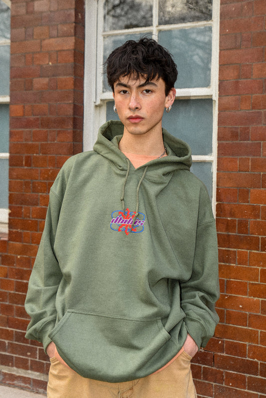 Hoodie in Military Green with Futuristic Logo Embroidery