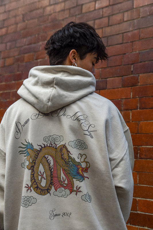 Hoodie in Sand with Chinese Dragon Print