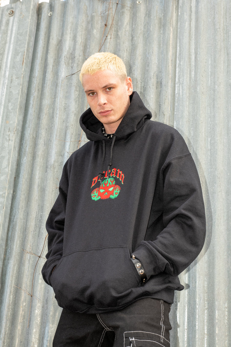 Hoodie in Black With Flaming Skull Embroidery