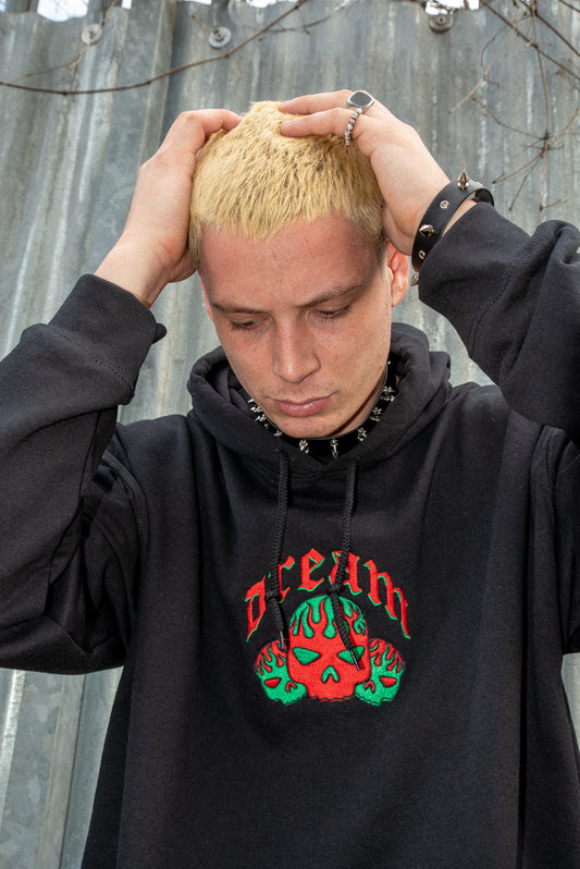 Hoodie in Black With Flaming Skull Embroidery