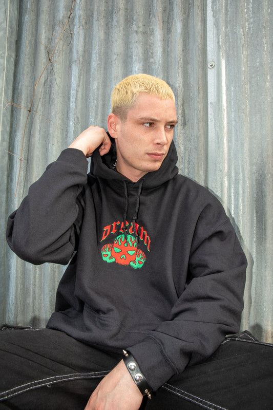 Hoodie in Black With Flaming Skull Embroidery