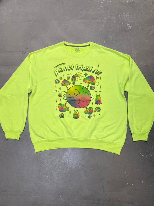 1 of 1 Reworked Vintage Sweatshirt in Neon Yellow Planet Tripsies Print