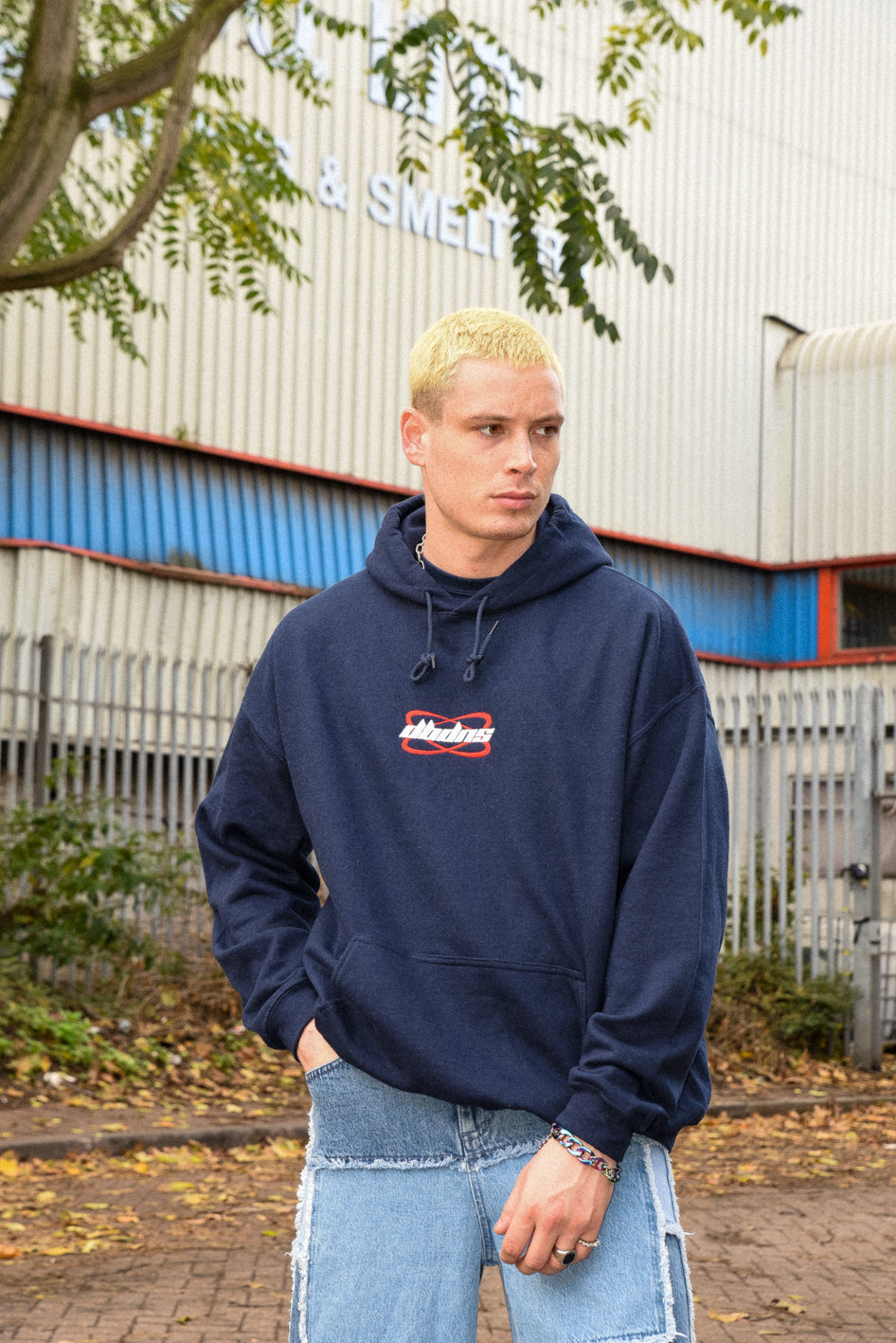 Hoodie in Navy With Futuristic Logo Embroidery