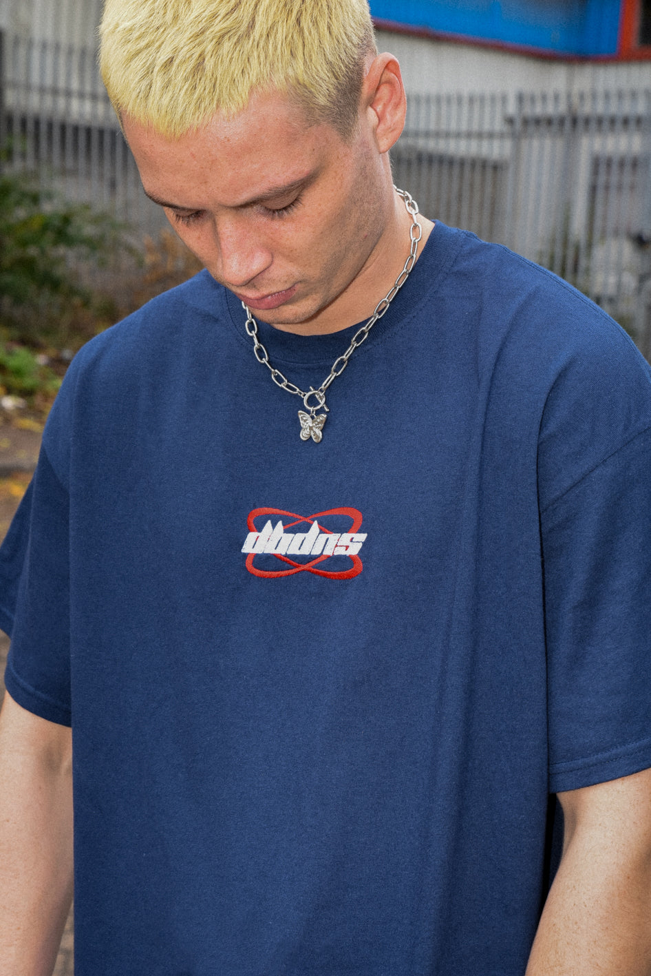 Short Sleeved T-shirt in Navy With Futuristic Logo Embroidery