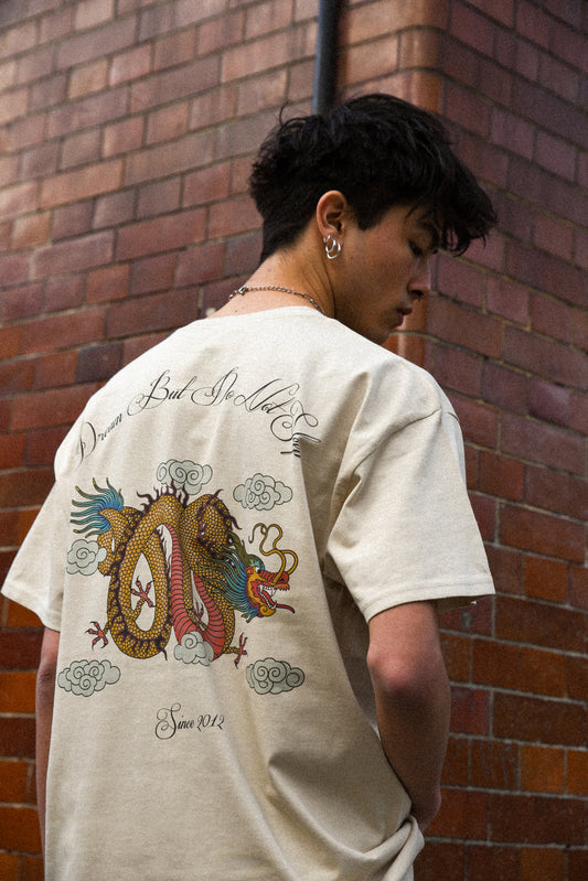 Short Sleeved T-shirt in Sand With Chinese Dragon Print