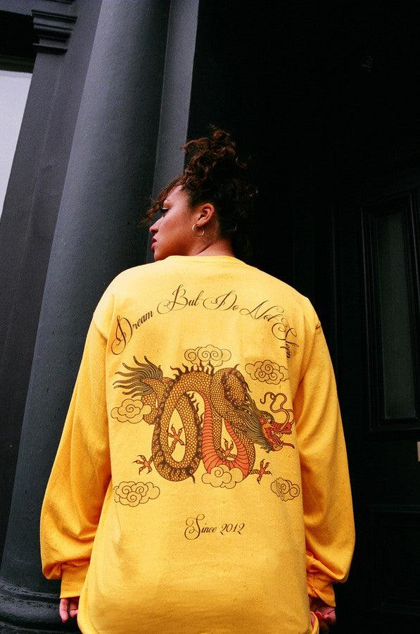Chinese Dragon Design On Gold Long Sleeved T-shirt - Dreambutdonotsleep