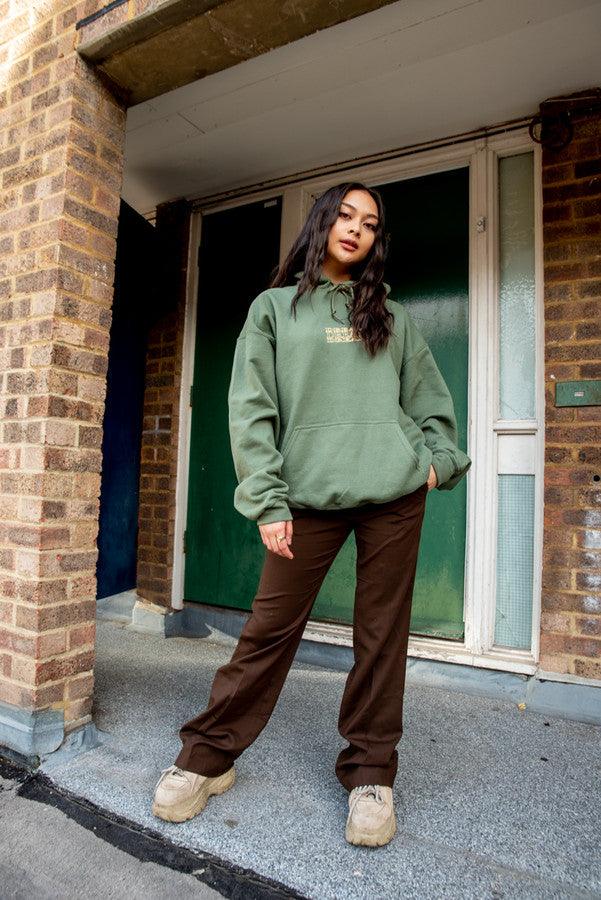 Hoodie In Military Green With Repeat Embroidery - Dreambutdonotsleep
