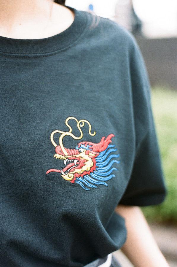 Black T shirt With Chinese Dragon Embroidered Design