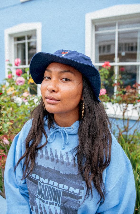 Bucket Hat in Navy With Embroidered Bro Shroom