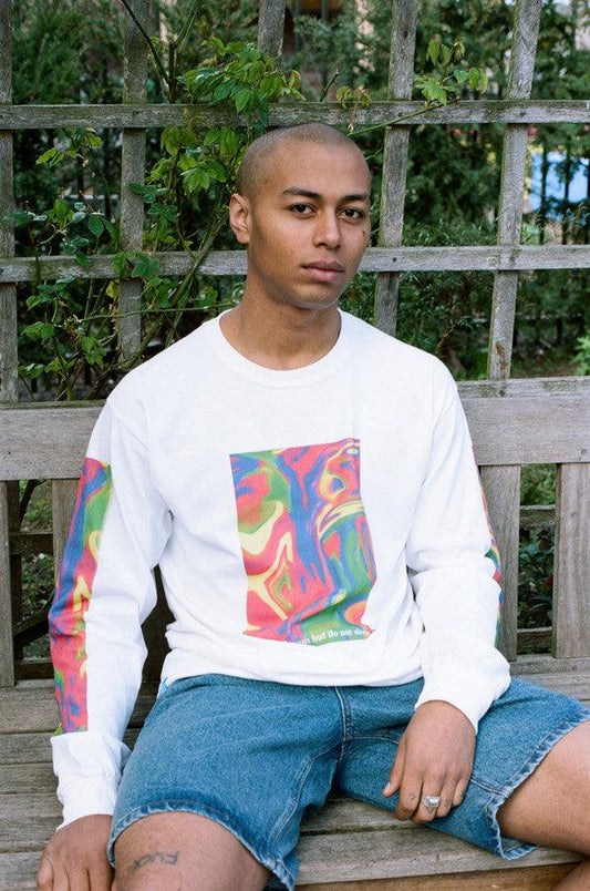 Long Sleeved T-shirt In White With Trippy Festival Print - Dreambutdonotsleep