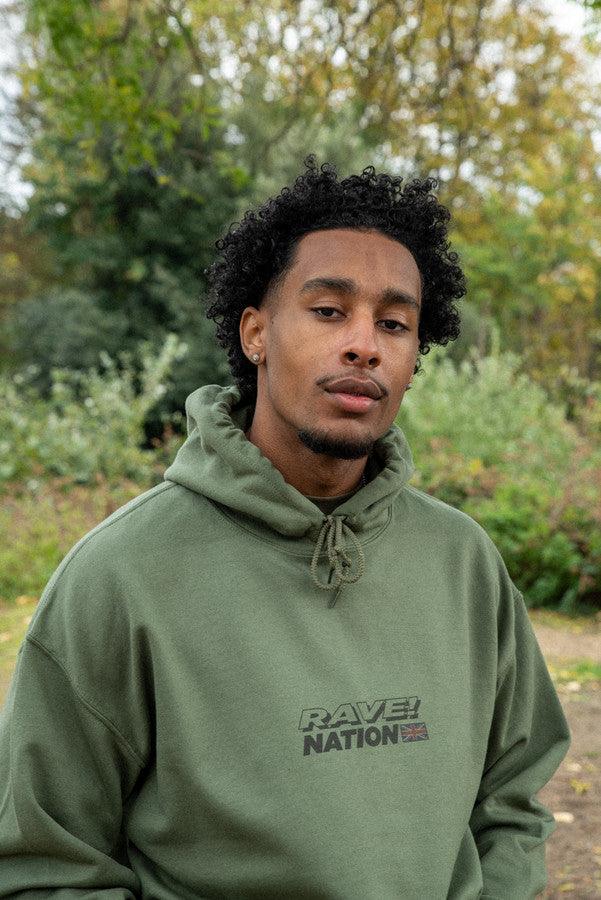 Hoodie in Military Green with 90s Rave Smiley Print Dreambutdonotsleep