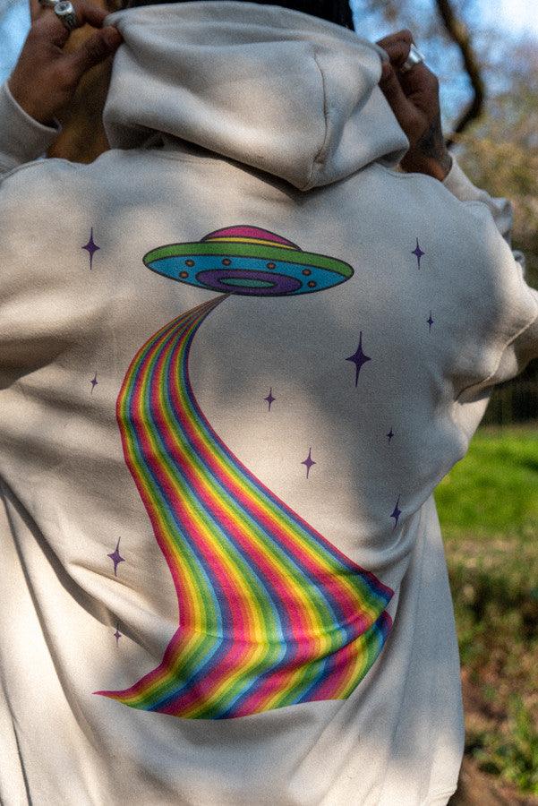 Hoodie In Sand With Trippy Alien Invasion Print Dreambutdonotsleep