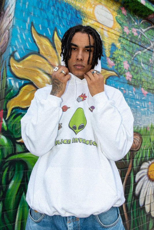 Heavyweight Hoodie in White With Alien Invasion Print - Dreambutdonotsleep