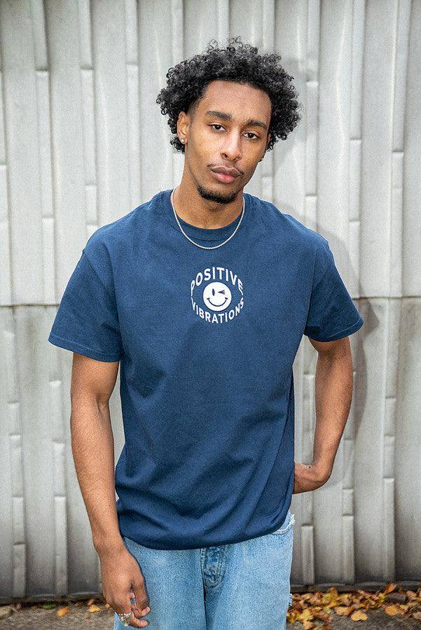 90s Rave Smiley T-Shirt - Navy | Embroidered Cotton Tee ...