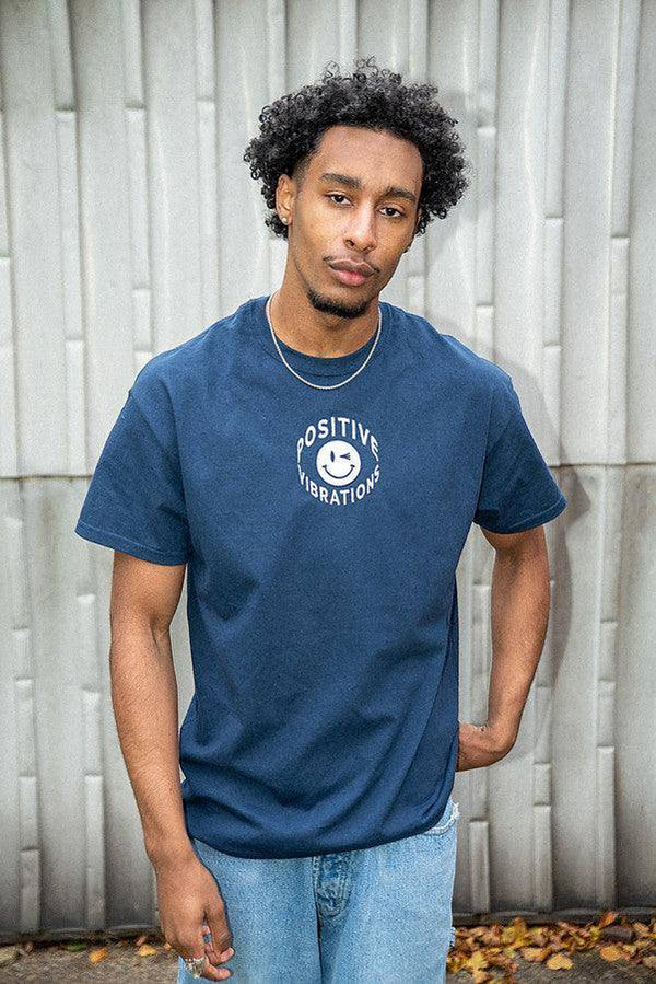 90s Rave Smiley T-Shirt - Navy | Embroidered Cotton Tee ...