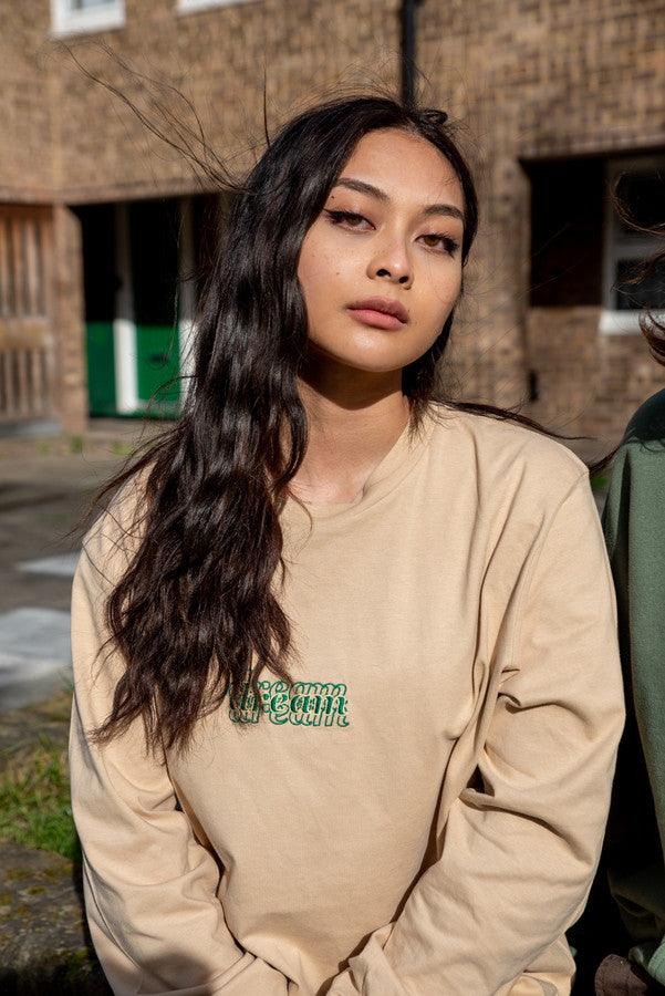 Long Sleeved T-Shirt In Tan With Three Type Logo Embroidery - Dreambutdonotsleep