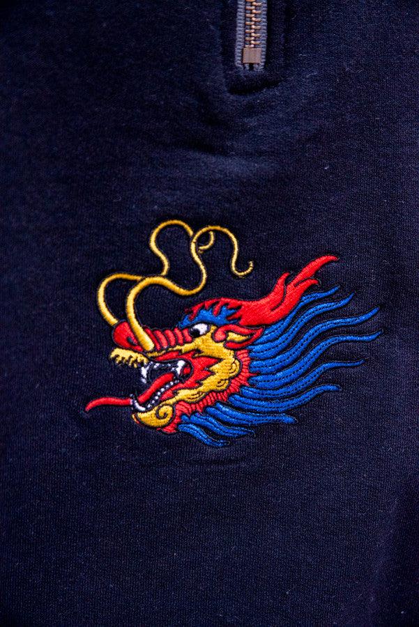 1-4 Zip Sweatshirt in Black With Chinese Dragon Embroidery - Dreambutdonotsleep