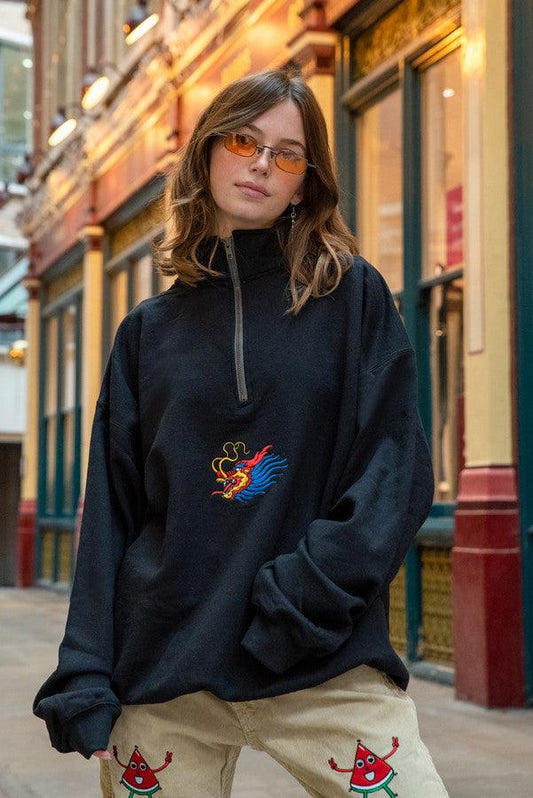 1-4 Zip Sweatshirt in Black With Chinese Dragon Embroidery - Dreambutdonotsleep