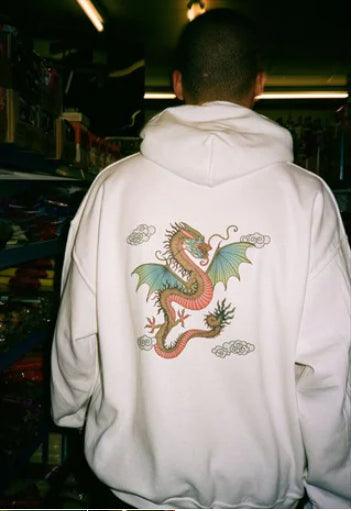 Hoodie in White With Chinese Dragon Print - Dreambutdonotsleep