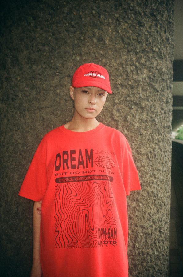 Red Short Sleeved T-shirt With Dream Globe Rave Flyer Graphic - Dreambutdonotsleep