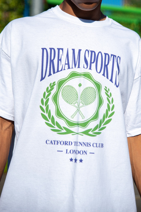 Short Sleeved T-Shirt in White Dream Sports Tennis Club Emblem Design
