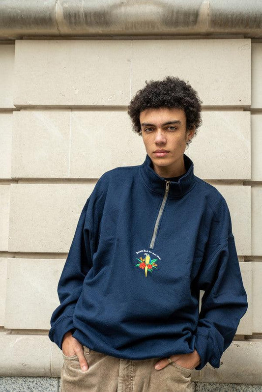 1-4 Zip Sweatshirt In Navy With Paradise Island Parrot Embroidery - Dreambutdonotsleep