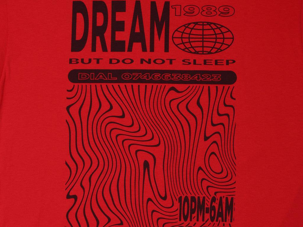 Red Short Sleeved T-shirt With Dream Globe Rave Flyer Graphic - Dreambutdonotsleep