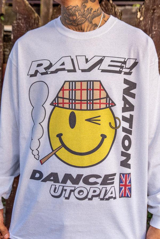 Long Sleeved T-Shirt in White With Rave Nation Print - Dreambutdonotsleep