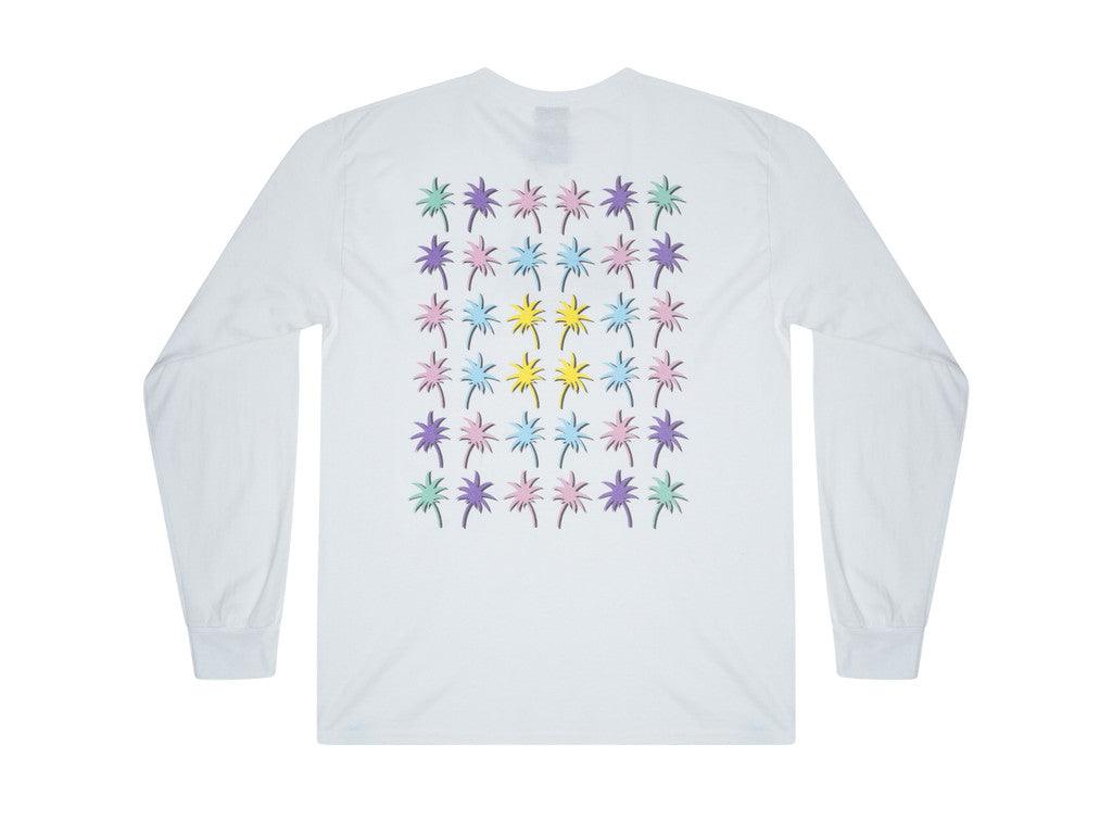 Long Sleeved T-shirt In White With Tropical Palm Tree Print - Dreambutdonotsleep