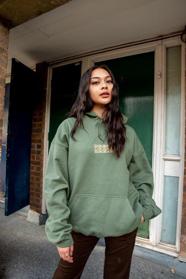 Hoodie In Military Green With Repeat Embroidery - Dreambutdonotsleep
